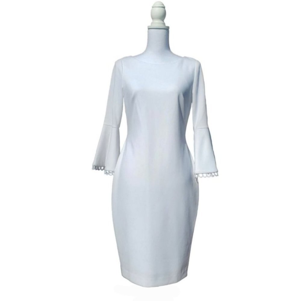 Calvin Klein White Circle Trim Bell Sleeve Lined Sheath Dress